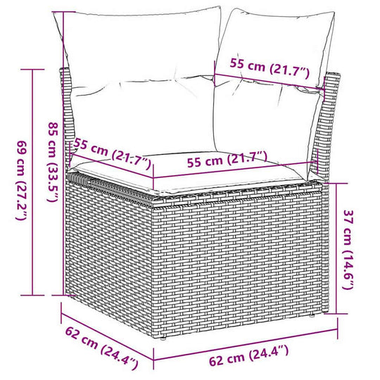 6 Piece Garden Sofa Set with Cushions Poly Rattan dimensions illustration with measurements in centimeters.