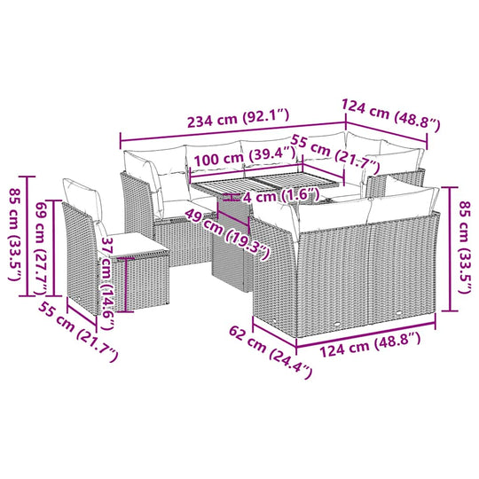 طقم أريكة حديقة من 9 قطع مع وسائد من البولي راتان