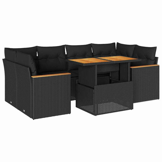 6 Piece Garden Sofa Set with Cushions Poly Rattan Acacia in black with wooden accents, perfect for outdoor relaxation on patio or terrace.