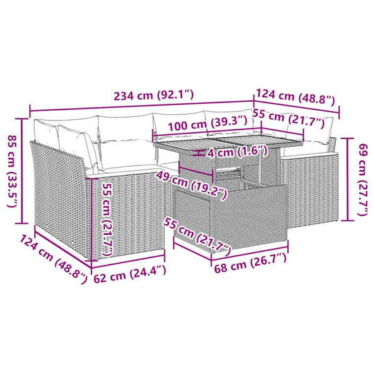 Dimensions of the 6 Piece Garden Sofa Set with Cushions Poly Rattan Acacia, featuring PE rattan construction, perfect for patios and gardens.