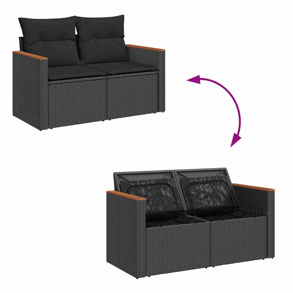 6 Piece Garden Sofa Set with Cushions Poly Rattan Acacia, featuring durable PE rattan and acacia, perfect for outdoor relaxation.