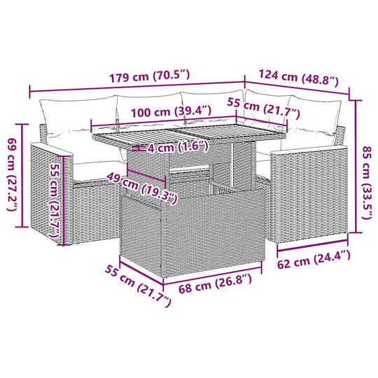 طقم أريكة حديقة مكون من 5 قطع مع وسائد من خشب الروطان الصناعي وخشب الأكاسيا