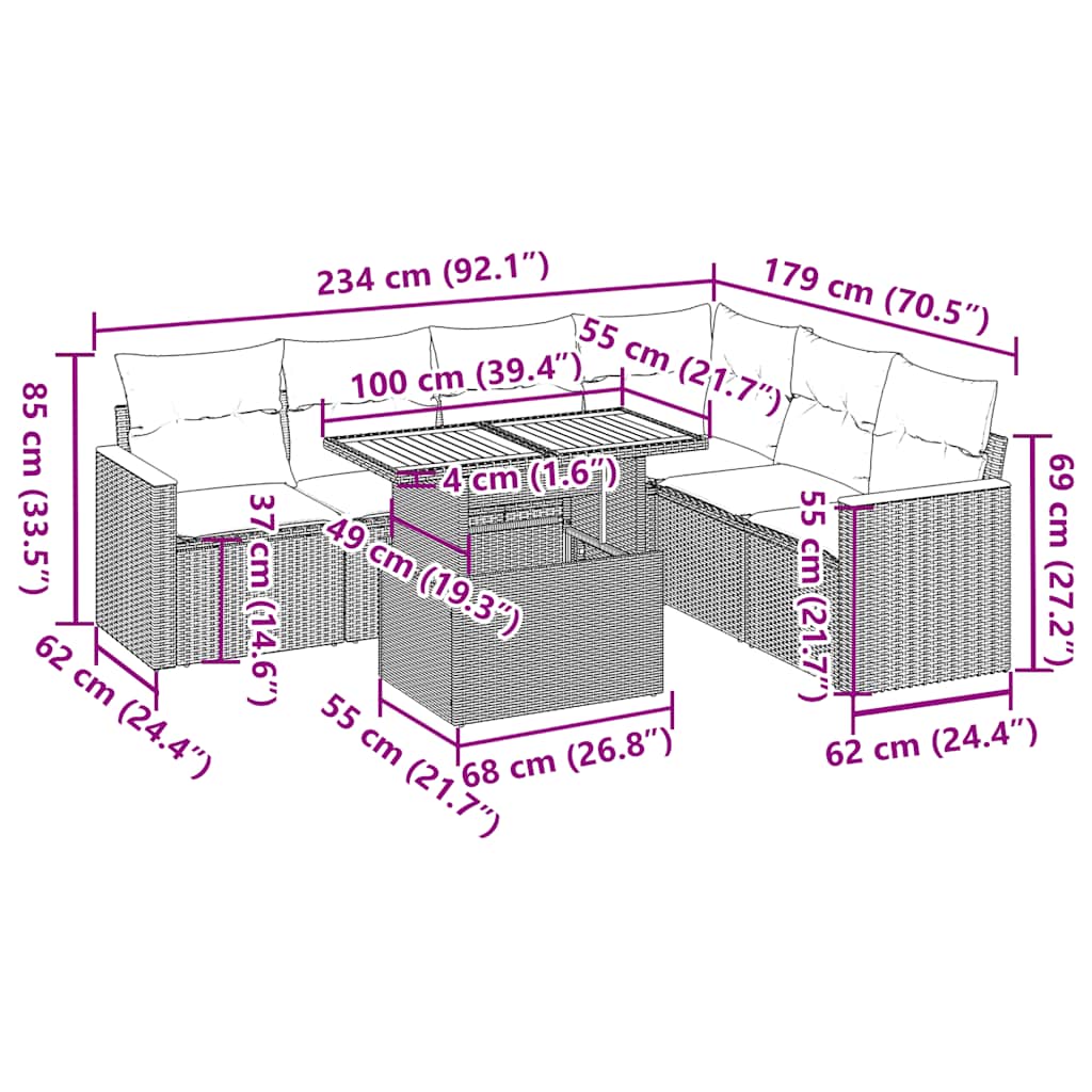 طقم أريكة حديقة مكون من 7 قطع مع وسائد من خشب الروطان الصناعي وخشب الأكاسيا