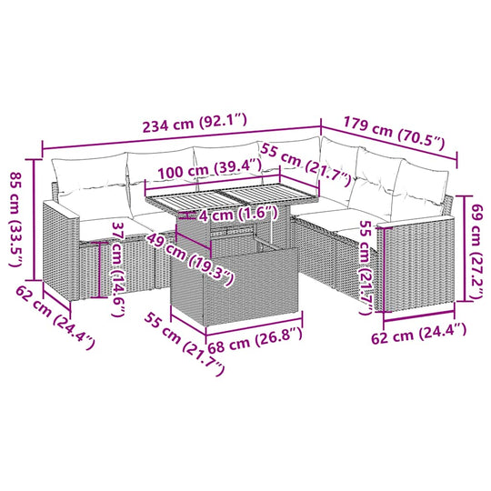 طقم أريكة حديقة مكون من 7 قطع مع وسائد من خشب الروطان الصناعي وخشب الأكاسيا