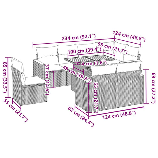 طقم أريكة حديقة مكون من 9 قطع مع وسائد من خشب الروطان الصناعي وخشب الأكاسيا