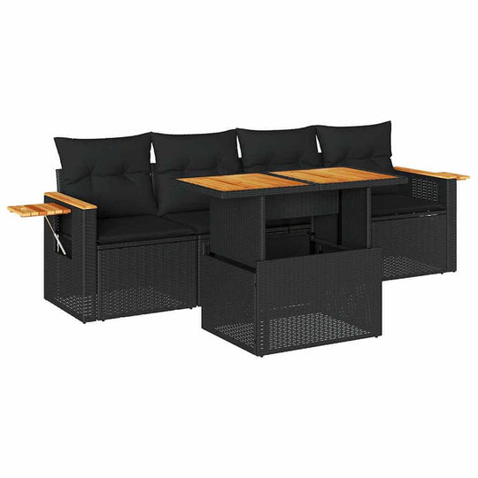 Black 5 Piece Garden Sofa Set with Cushions and Acacia Table, made of durable poly rattan, suitable for outdoor patio or terrace use.