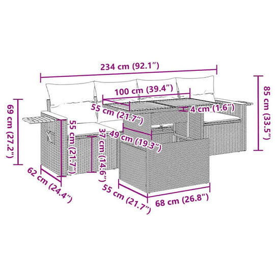 Dimensions of the 5 Piece Garden Sofa Set with Cushions Poly Rattan Acacia shown in detailed diagram.