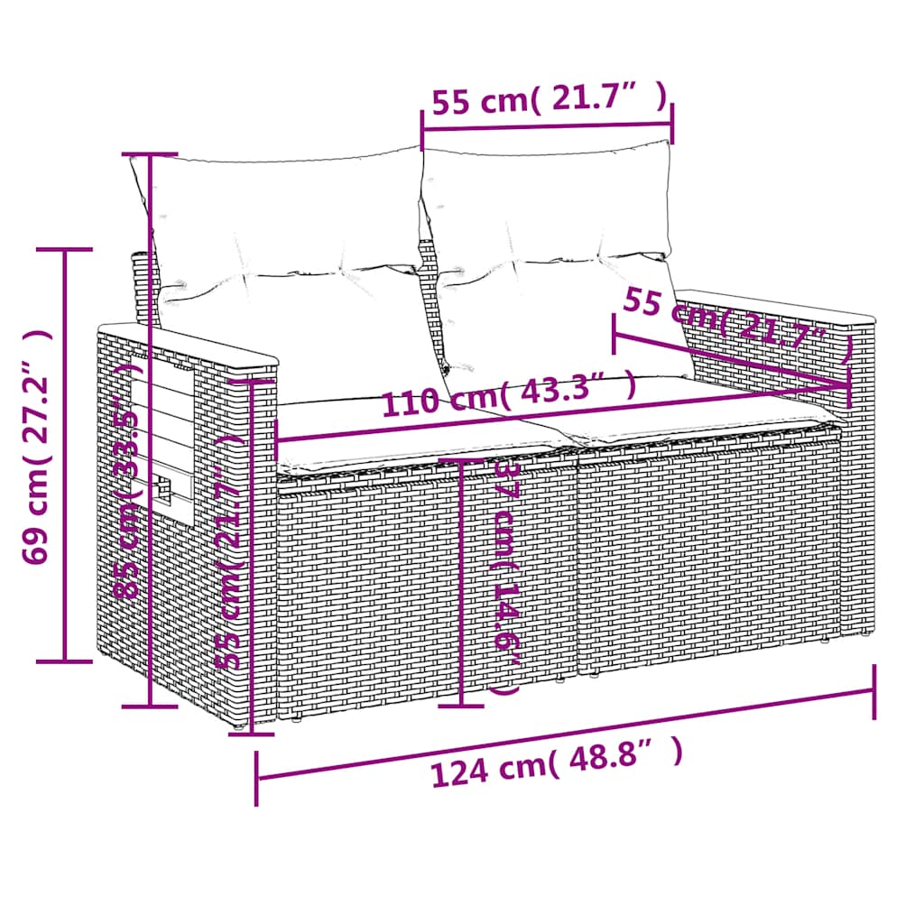 Dimensions for 5 Piece Garden Sofa Set with Cushions Poly Rattan Acacia, featuring measurements in cm.