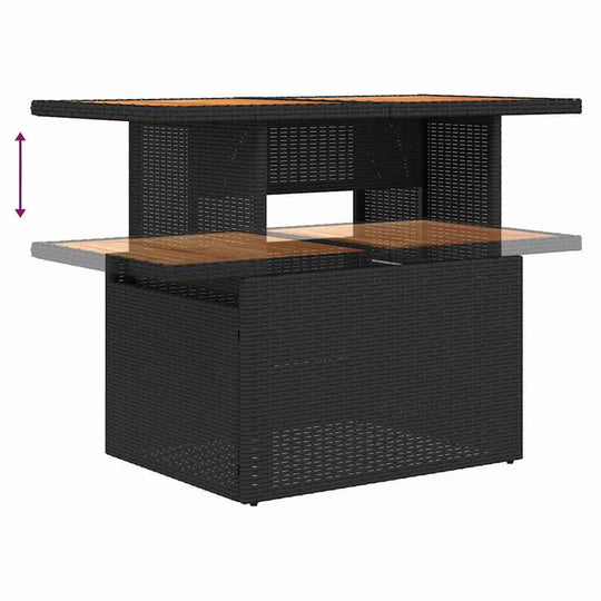 Adjustable black poly rattan bar table with acacia wood top for patio or garden furniture set.