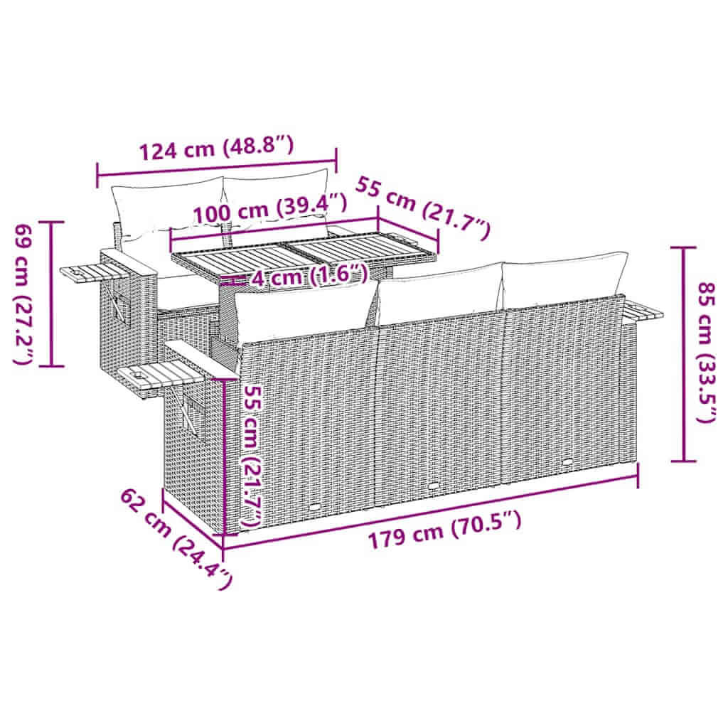 Dimensions diagram of 6 Piece Garden Sofa Set with Cushions Poly Rattan Acacia showing length, width, and height measurements.
