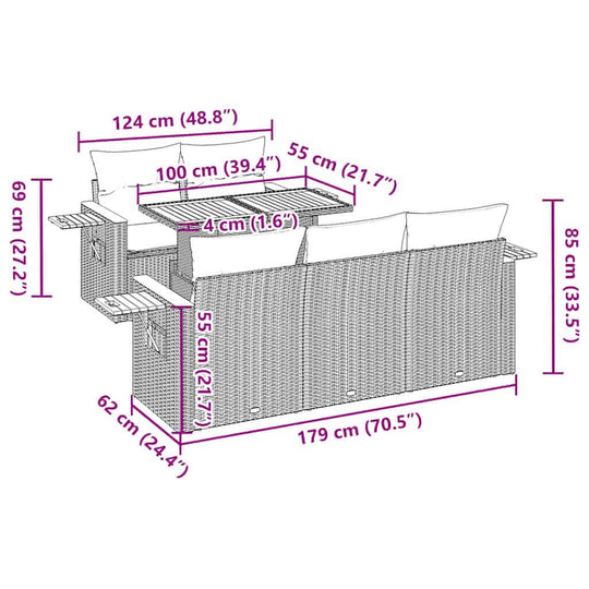 Dimensions diagram of 6 Piece Garden Sofa Set with Cushions Poly Rattan Acacia showing length, width, and height measurements.