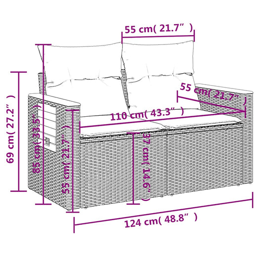 Dimensions diagram of 6 Piece Garden Sofa Set with Cushions Poly Rattan Acacia, showing measurements in cm and inches for optimal fit.