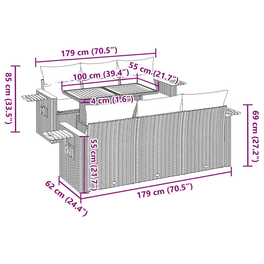 Dimensions diagram of 7 Piece Garden Sofa Set with Cushions Poly Rattan Acacia, showcasing measurements for optimal patio fitting.