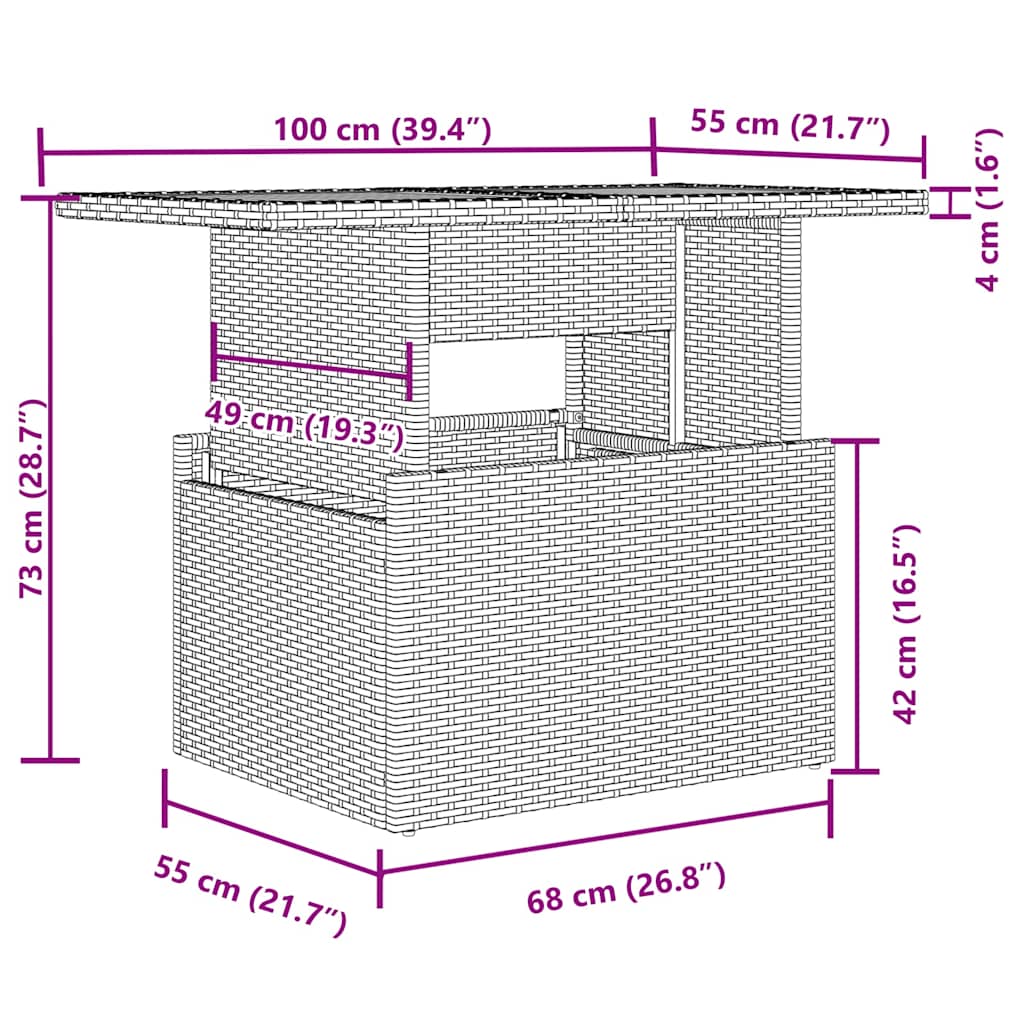 Diagram of 7 Piece Garden Sofa Set with Cushions Poly Rattan Acacia showing dimensions in centimeters and inches.