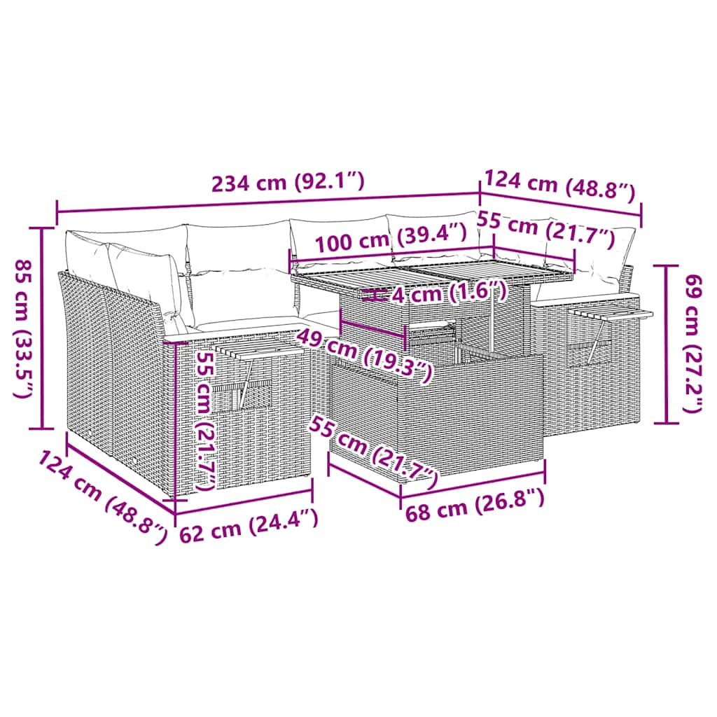 Dimensions of 7 Piece Garden Sofa Set with Cushions Poly Rattan Acacia, showing measurements in centimeters and inches for each section.