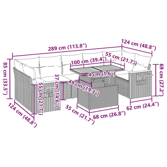 Dimensions of 8 Piece Garden Sofa Set with Cushions Poly Rattan Acacia, showing detailed measurements in cm and inches for each section.