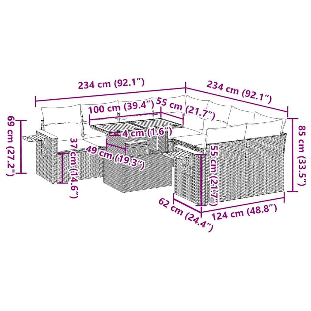 Dimensions diagram of 9 Piece Garden Sofa Set with Cushions Poly Rattan Acacia showing measurements for outdoor furniture.