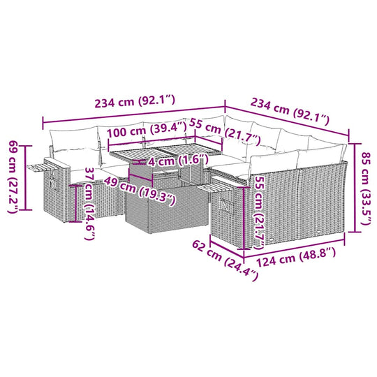Dimensions diagram of 9 Piece Garden Sofa Set with Cushions Poly Rattan Acacia showing measurements for outdoor furniture.
