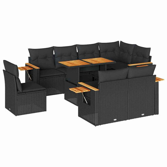 9 Piece Garden Sofa Set with Cushions Poly Rattan Acacia, perfect for outdoor patios and terraces, features durable poly rattan and acacia wood.