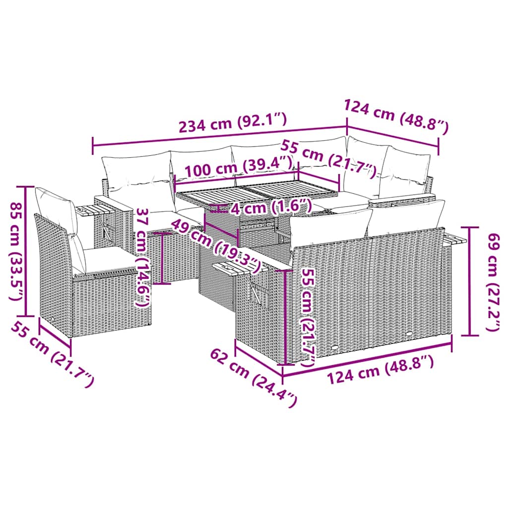 Dimensions diagram of 9 Piece Garden Sofa Set with Cushions Poly Rattan Acacia