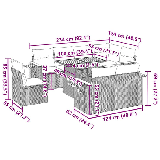 Dimensions diagram of 9 Piece Garden Sofa Set with Cushions Poly Rattan Acacia