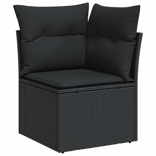 Corner seat of the 9 Piece Garden Sofa Set with Cushions Poly Rattan Acacia, featuring black cushions and durable woven design.
