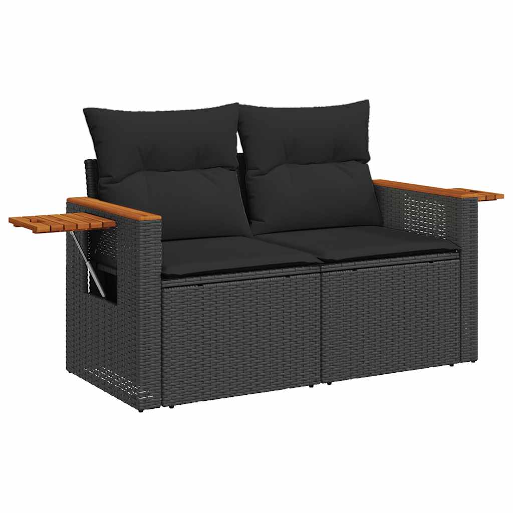 9 Piece Garden Sofa Set with Cushions Poly Rattan Acacia in black with wooden armrests, ideal for outdoor patio and terrace relaxation.