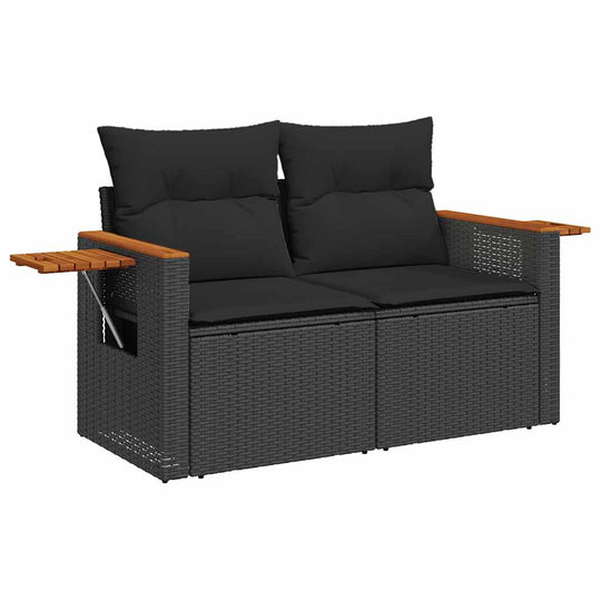 9 Piece Garden Sofa Set with Cushions Poly Rattan Acacia in black with wooden armrests, ideal for outdoor patio and terrace relaxation.