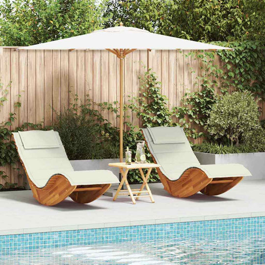 Sun Lounger with Cushion -person  pcs  Solid Acacia Wood by the pool with an umbrella in a serene outdoor setting.