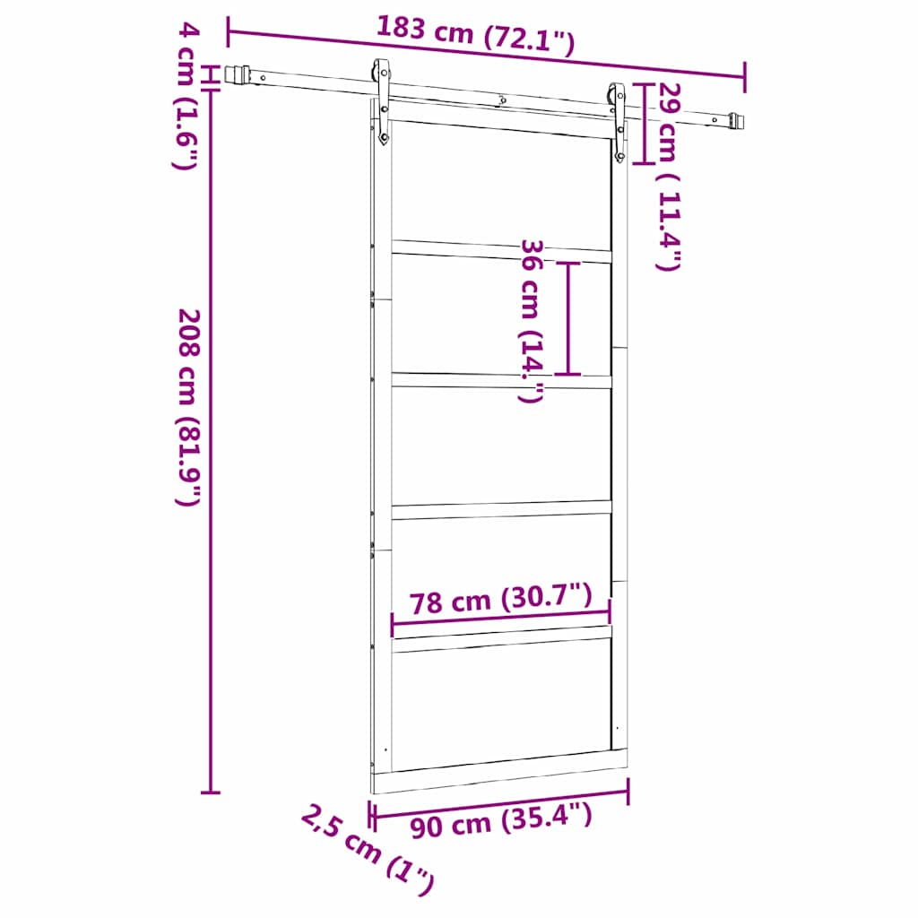 Sliding Door   Solid Pine Wood dimensions diagram with measurements in centimeters and inches.