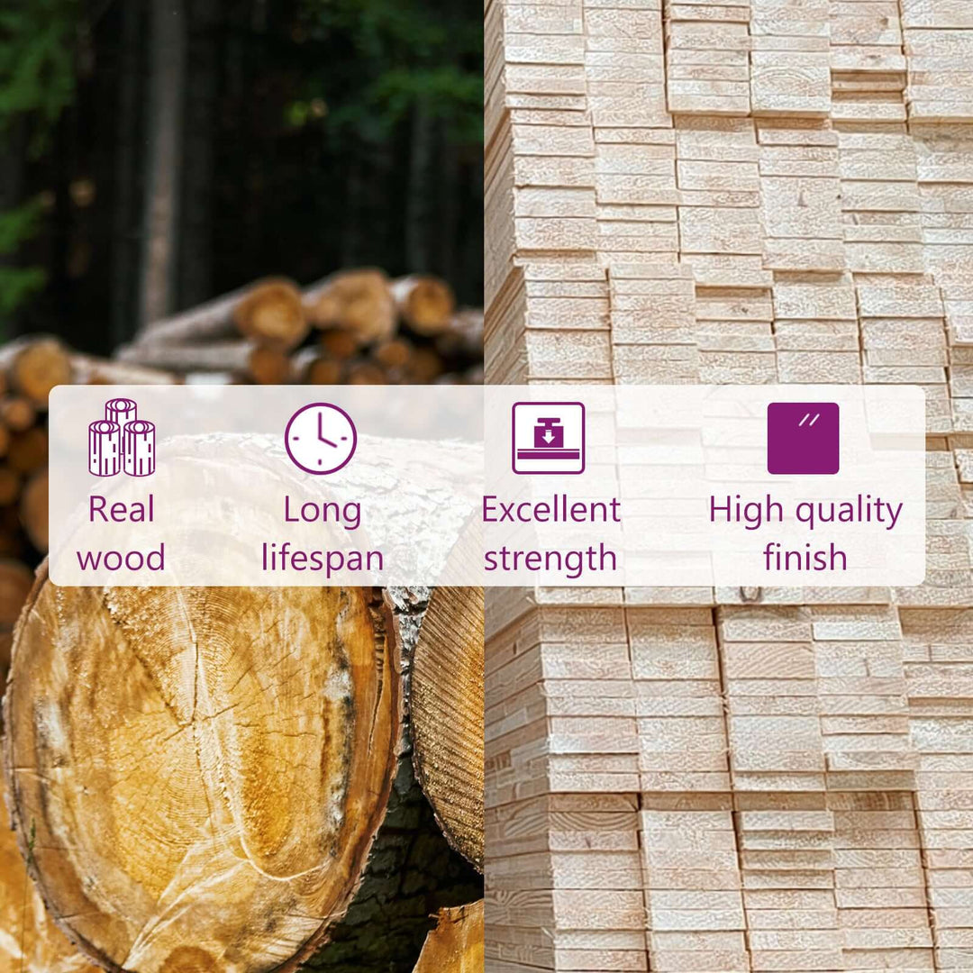 Real wood, long lifespan, excellent strength, and high quality finish displayed on wooden materials for bed frames.